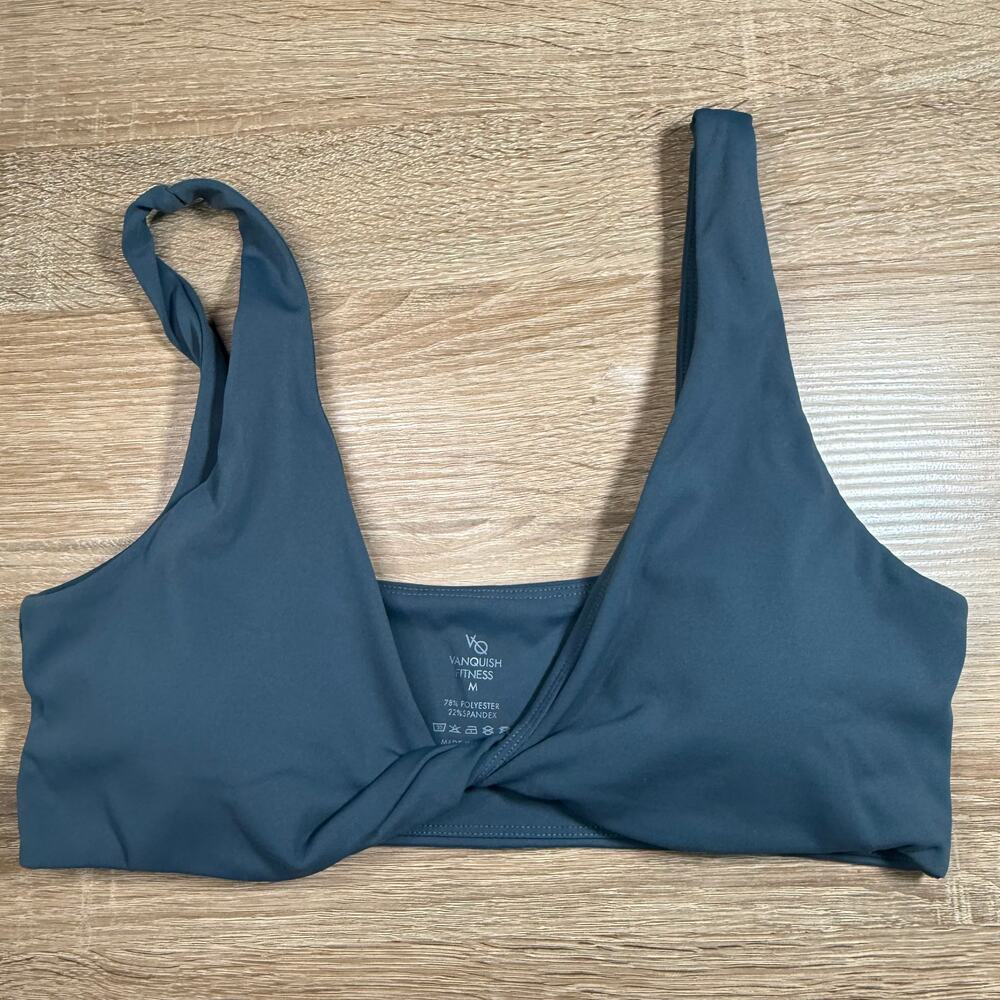 VANQUISH ENHANCE STEEL BLUE TWIST FRONT BRA womens size med gym
